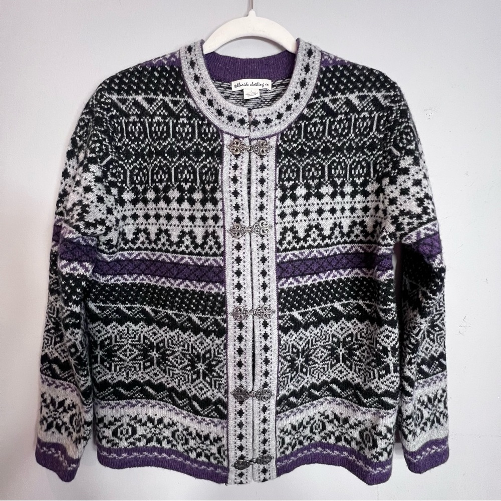 Telluride Clothing Co gray black purple wool nordic cardigan sweater size small
